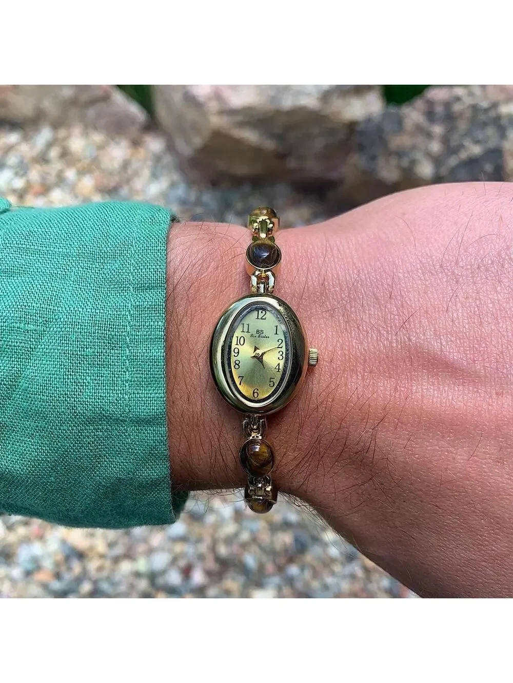 Boho Indie Gold style tone quartz watch with glass brown jade stone opal